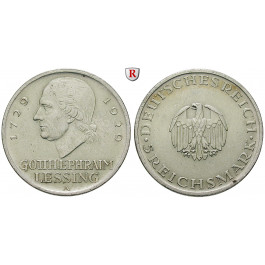 Weimarer Republik, 5 Reichsmark 1929, Lessing, A, ss+, J. 336