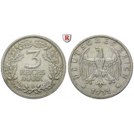 Weimarer Republik, 3 Reichsmark 1931, Kursmünze, E, ss-vz, J. 349