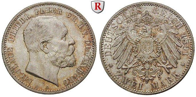 Deutsches Kaiserreich, Oldenburg, Nicolaus Friedrich Peter, 2 Mark 1891 ...