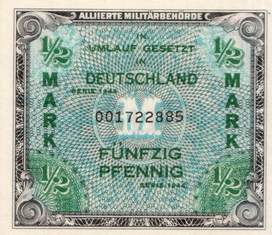 1944 - Geheimzeichen der Druckerei auf alliiertem Militärgeld
